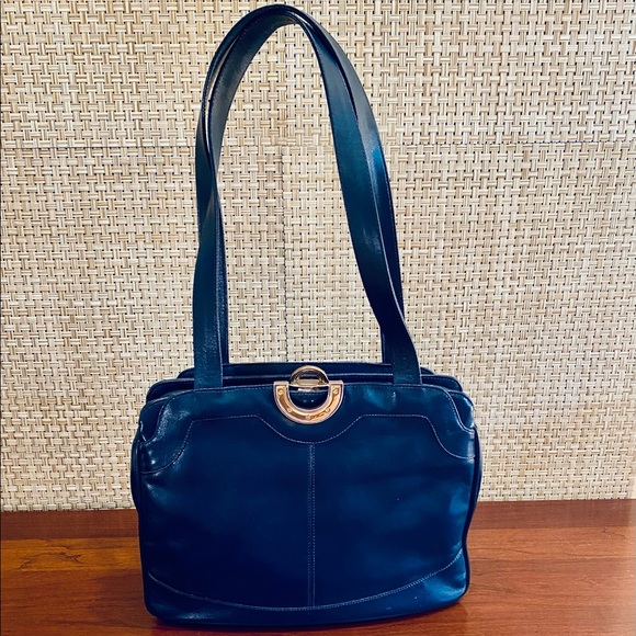Lou Taylor Handbags - VTG 1960s Navy Ultrahyde Faux Leather Shoulder Bag Compact Mirror Italy.